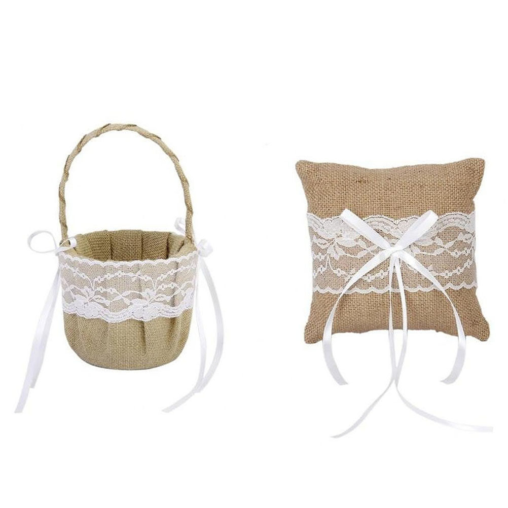 Ring Bearer Pillow - Set of 6 Burlap Jute Lace